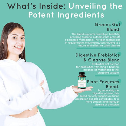 Daily All-in-1Greens Cleanse - Organic Gut Health - Colon Cleanse Capsules with Amla, Moringa, Psyllium Husk, and Prebiotics for Digestive Health - Colon Cleanser with Digestive Enzymes – 60 Capsules