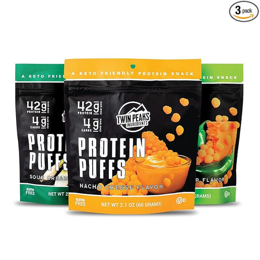 Twin Peaks Low Carb, Keto Friendly Protein Puffs, (Combo Pack, 2.1 Ounce), 2 Servings, 3 Pack (60g, 42g Protein, 4g Carbs)