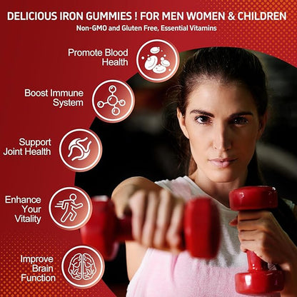 Iron Supplement Gummies, 65mg Iron and 250mg Vitamin C for Women Men Kids, Natural Vegan Iron Gummy with Vitamin A, B-Complex, Biotin, Zinc & Folate -Blood Builder & Energy Support, 60 Gummies