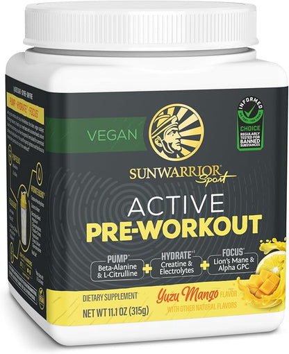 Sunwarrior Pre Workout Powder Energy Drink | Vegan, Plant-Based, Pre-Workout Supplement | Pump, Hydrate, Focus, Endurance, & Strength Builder | Yuzu Mango Flavored | 30 Servings | Active Preworkout