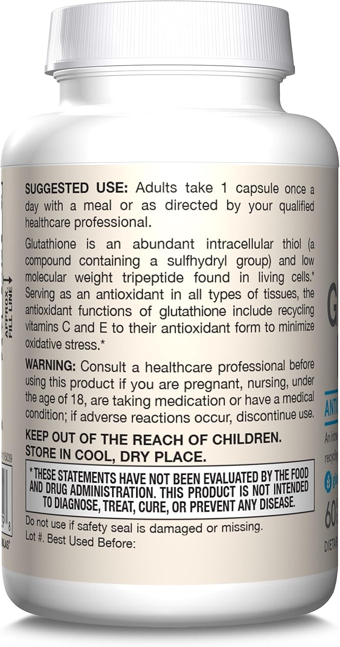 Jarrow Formulas Glutathione Reduced 500mg- 60 Veggie Capsules- Intracellular Antioxidant- Quality Glutathione Supplements- Supports Recycling of Vitamins C & E- Non-GMO- Gluten Free- Vegan, Pack of 12