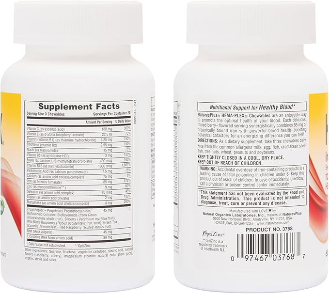 Natures Plus Hema-Plex Iron - 60 Mixed Berry Chewables - 85 mg Elemental Iron - Total Blood Health - with Vitamin C & Bioflavonoids - Vegan, Gluten Free - 20 Servings