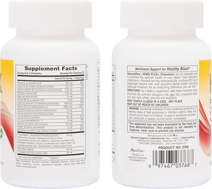 Natures Plus Hema-Plex Iron - 60 Mixed Berry Chewables - 85 mg Elemental Iron - Total Blood Health - with Vitamin C & Bioflavonoids - Vegan, Gluten Free - 20 Servings