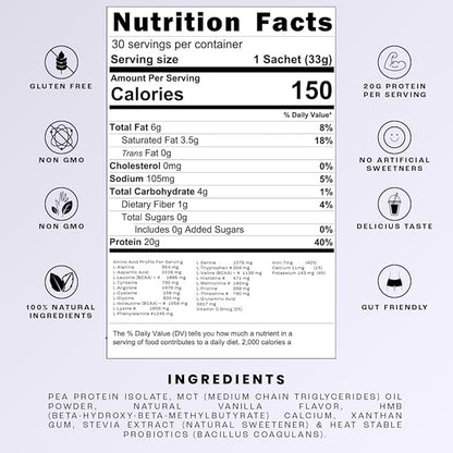 Vegan Protein Powder Vanilla by TASHIE - Organic Plant Based Protein Powder with BCAA, HMB & Probiotics, Zero Sugar, Non-GMO, Gluten Free, Keto-Friendly, NSF Certified - 28 Servings