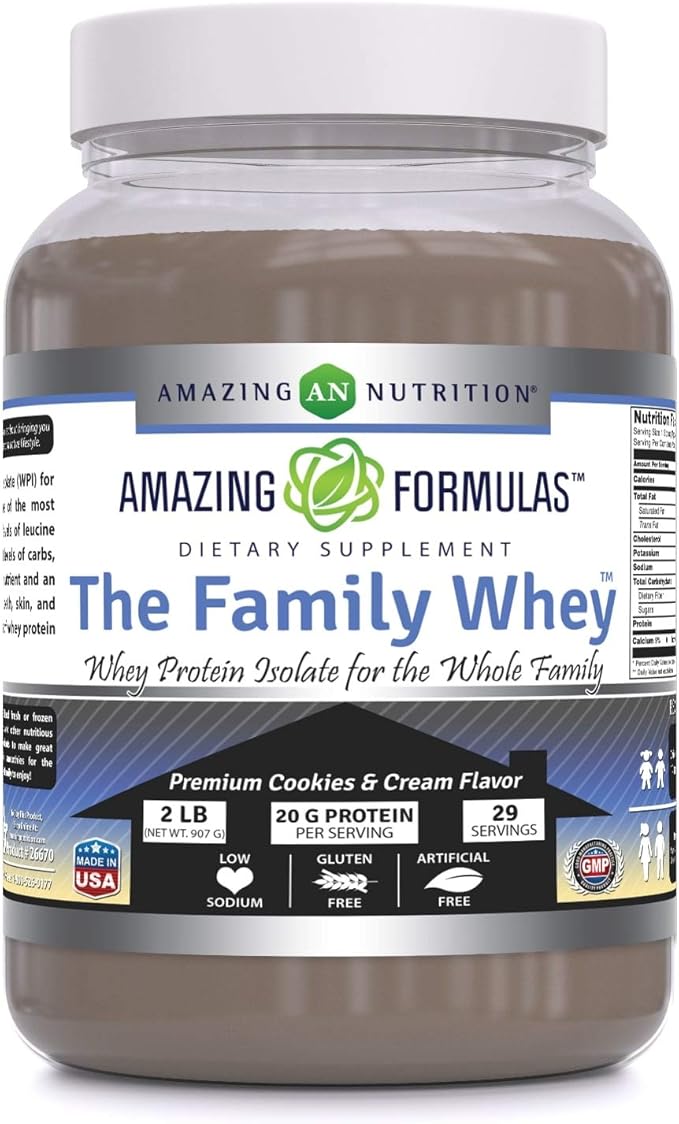 Amazing Formulas The Family Whey Protein (Isolate) Powder for The Whole Family - 2 lbs - Most Complete & Purest Form of Protein - Gluten Free (Cookie & Cream)