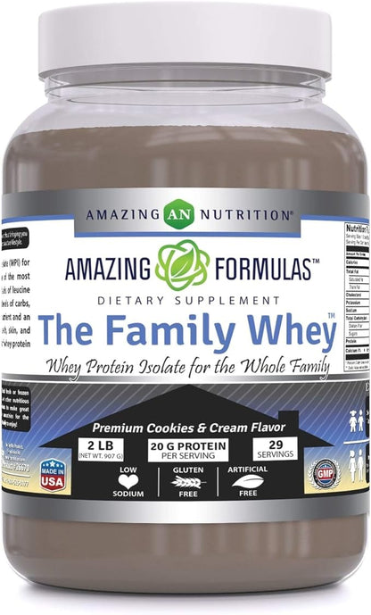 Amazing Formulas The Family Whey Protein (Isolate) Powder for The Whole Family - 2 lbs - Most Complete & Purest Form of Protein - Gluten Free (Cookie & Cream)