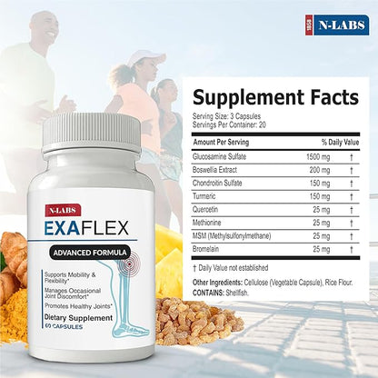 ExaFlex - Advanced Formula Joint & Bone Multivitamin - Contains Glucosamine Chondroitin, Boswellia Extract, Turmeric, Quercetin, Methionine, MSM, Bromelain Supplement, Made in USA - 60 Capsules