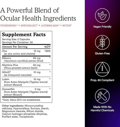 MitoQ +Eye Advanced CoQ10 Antioxidant - Contains Mitoquinol Mesylate, Lutein, Zeaxanthin, Bilberry, Maritime Pine Bark - Supports Eye Health, Blue Light Filtration & Cell Vitality (60 Capsules)