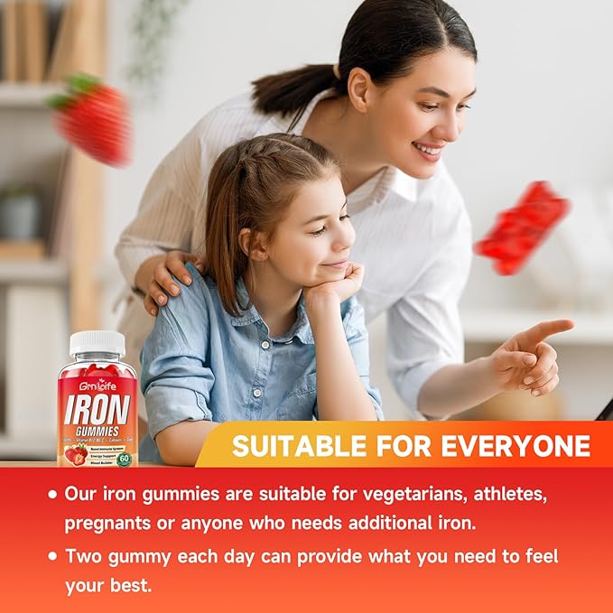 Iron Gummies for Women, Men & Kids, Sugar Free Iron Supplement with Calcium, Zinc, Folate & Vitamin B12, C, B6 - for Blood Building & Energy Support, Anemia, Strawberry, 60 Count