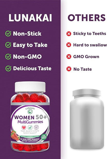 Lunakai USA Made 50 Plus Women's Multivitamin Gummies - Delicious Formula Enhanced with Essential Vitamins & Minerals for Health & Vitality - 60ct