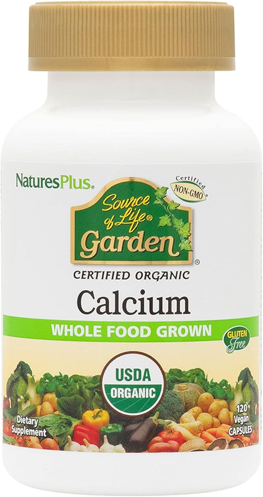 NaturesPlus Source of Life Garden Certified Organic Calcium with AlgaeCal - 1000 mg, 120 Vegan Capsules - Plant-Based Bone Health Support Supplement - Vegetarian, Gluten-Free - 30 Servings