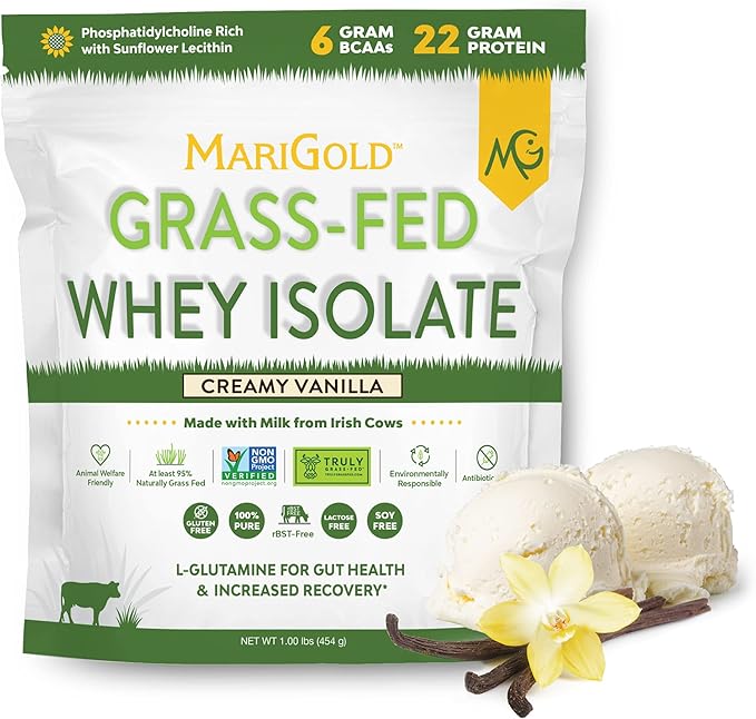 MariGold Grass-fed Whey Protein Isolate Powder - Creamy Vanilla Flavor - 1 Lb Bag | 100% Pure, Cold-Processed, Micro-Filtered, Undenatured, Non-GMO, rBGH Free, Soy Free, Gluten Free, Lactose Free