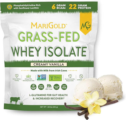 MariGold Grass-fed Whey Protein Isolate Powder - Creamy Vanilla Flavor - 1 Lb Bag | 100% Pure, Cold-Processed, Micro-Filtered, Undenatured, Non-GMO, rBGH Free, Soy Free, Gluten Free, Lactose Free