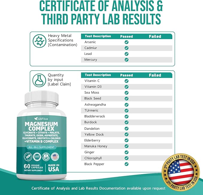 Magnesium Complex Supplement, Clycinate 141mg Oxide 228mg Malate 58.5mg Citrate 62.4mg with Orotate Glycina Taurate Chloride Aspartate Gluconate Vitamin B, Max Absorption, Gluten-Free, Non-GMO