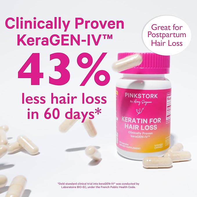 Pink Stork Keratin Hair Loss Supplement for Women - Clinically Studied KeraGEN-IV for Hair Care, Thinning, Shedding and Beauty - Hair Skin and Nails Support - Postpartum Hair Growth - 30 Capsules