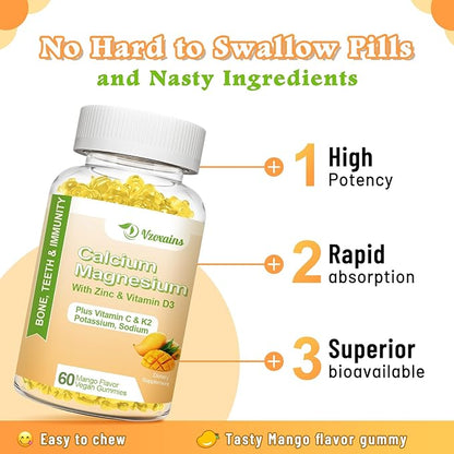 High Absorption Calcium Gummies, Sugar Free Calcium Magnesium Supplement with Vitamin D3 K2 for Bone & Teeth Strength, Muscle Function - Vegan, Mango Flavor 120 Cts