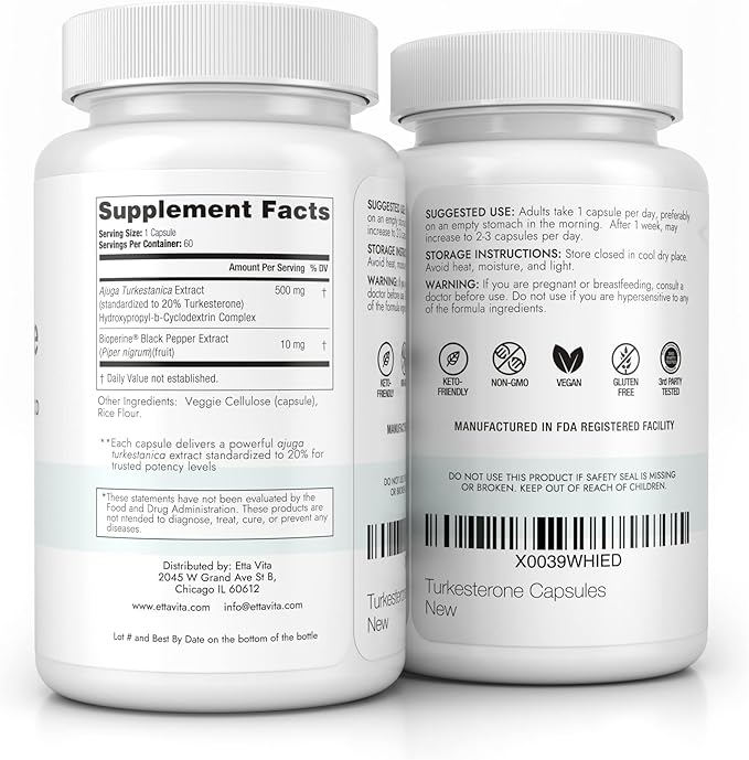 Potent Turkesterone Supplement, 2X Pure (Made in USA - 3rd Party Tested) Most Bioavailable and Natural Test Support Supplement, Supports Energy, Lean Muscle Growth, Recovery and Stamina, Vegan (60ct)