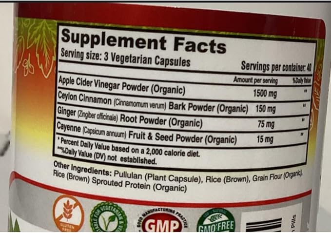 Apple Cider Vinegar Capsules Max 1740mg with Mother - 100% Natural & Raw with Cinnamon, Ginger & Cayenne Pepper - Ideal for Healthy Living, Detox & Digestion -120 Vegan Pills