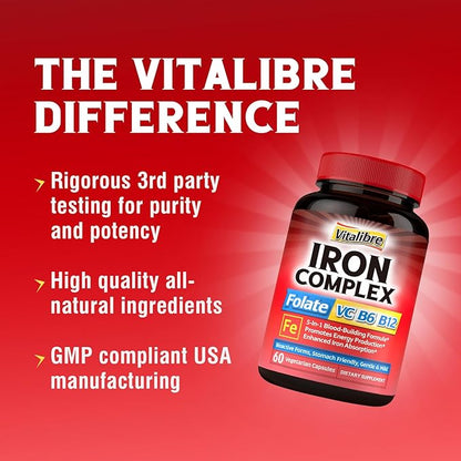 Iron Supplement for Women & Men, with Vitamins C, B6, B12 & Folate for Iron Deficiency, Blood Building & Energy Support, Stomach Friendly, Better Absorption, Non-GMO, No Gluten, 60 Vegan Caps