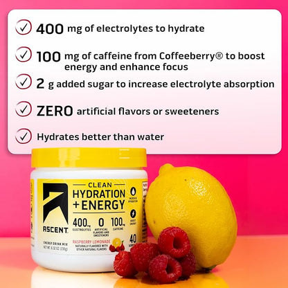 Ascent Clean Hydration + Energy Electrolytes Powder - 100mg Caffeine, 400mg Electrolytes, No Artificial Ingredients, Raspberry Lemonade 40 Servings