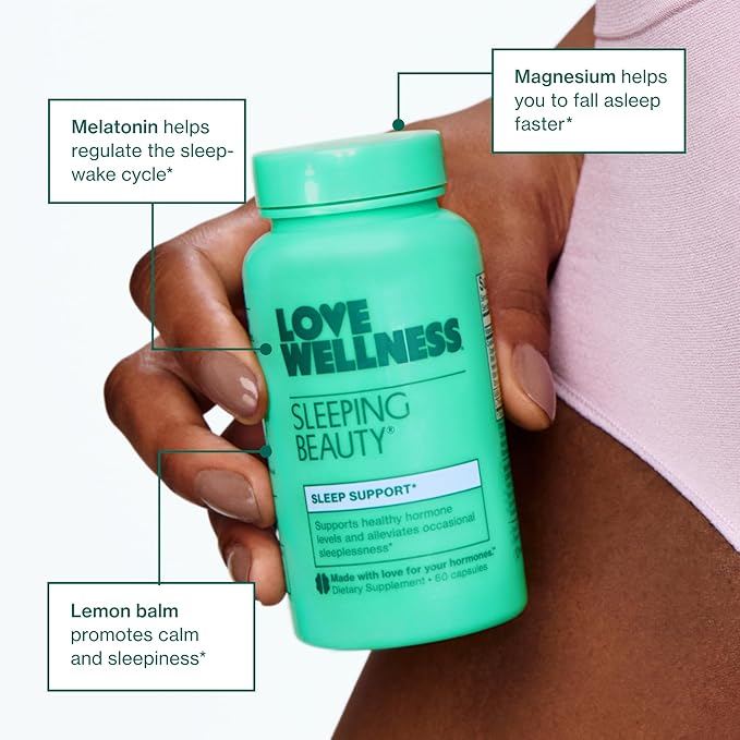 Love Wellness Sleeping Beauty | Sleep Support with Melatonin, Magnesium & L-Theanine | Promotes Restful Sleep, Relaxation & Calmness | Organic Valerian Root Powder & Lemon Balm | 60 Count