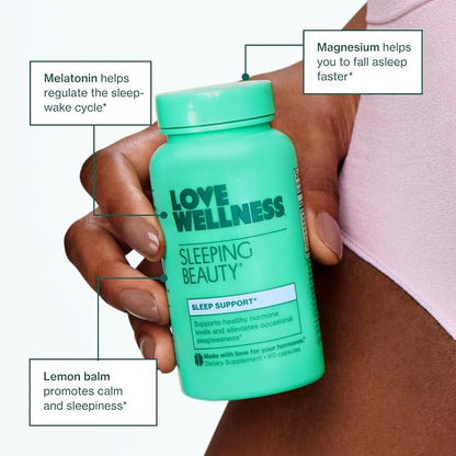 Love Wellness Sleeping Beauty | Sleep Support with Melatonin, Magnesium & L-Theanine | Promotes Restful Sleep, Relaxation & Calmness | Organic Valerian Root Powder & Lemon Balm | 60 Count