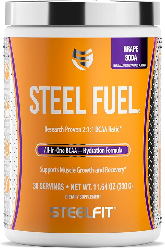SteelFit Steel Fuel BCAA + Electrolyte Powder | Sugar-Free 2:1:1 Amino Acids Formula | Grape Soda, 30 Servings | No Crash Workout Hydration, Muscle Growth & Recovery