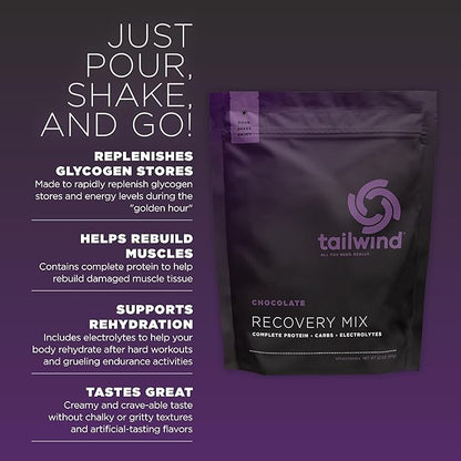 Tailwind Nutrition Recovery Mix, Complete Protein, Carbohydrates, and Electrolytes Powder Drink Mix for Post-Workout, Free of Gluten, Soy, and Dairy, Vegan, 15 Servings, Chocolate