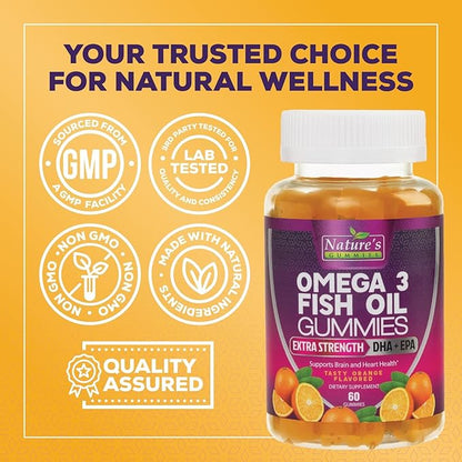 Omega Fish Oil Gummies - Delicious Orange Flavor Fish Oil Omega 3 Supplements with Heart Healthy EPA & DHA Fatty Acids for Heart, Joint & Brain Support - Omega 3 Fish Oil Gummy Vitamins - 60 Gummies