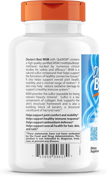 Doctor's Best MSM with OptiMSM, Joint Support, Immune System, Antioxidant and Protein-Building Role, Non-GMO, Gluten Free, 1000 mg, 360 Capsules