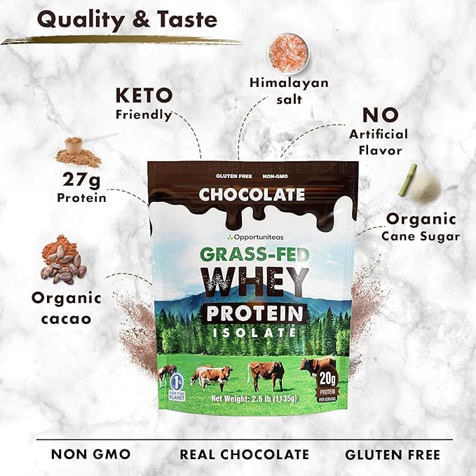 Opportuniteas Grass Fed Vanilla Choco Whey Protein Isolate Powder - 20g Protein Powder Without Artificial Sweeteners, Hormone-Free Cows, Non GMO - 5lb