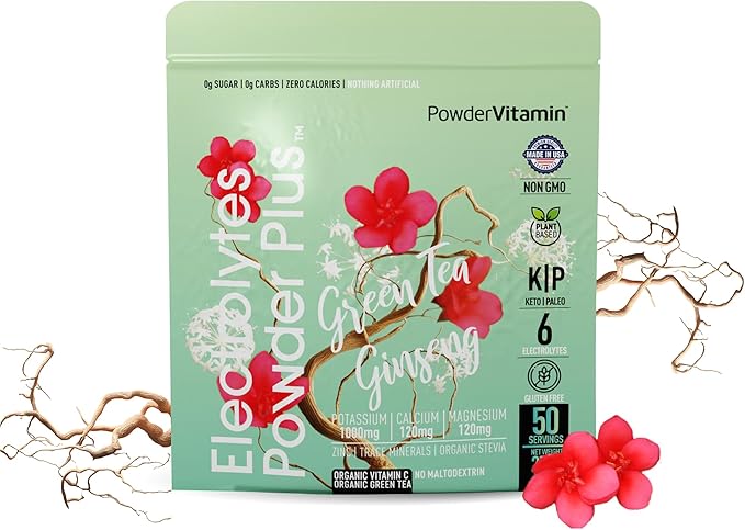Electrolytes Powder Plus (50 Servings) Green Tea Ginseng Electrolyte Powder Keto, Sugar Free, Pink Himalayan Salt,1000mg Potassium,120mg Calcium,120mg Magnesium, Hydration Powder
