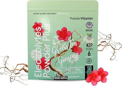 Electrolytes Powder Plus (50 Servings) Green Tea Ginseng Electrolyte Powder Keto, Sugar Free, Pink Himalayan Salt,1000mg Potassium,120mg Calcium,120mg Magnesium, Hydration Powder