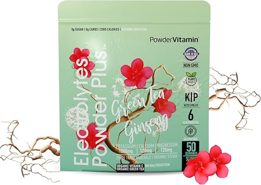 Electrolytes Powder Plus (50 Servings) Green Tea Ginseng Electrolyte Powder Keto, Sugar Free, Pink Himalayan Salt,1000mg Potassium,120mg Calcium,120mg Magnesium, Hydration Powder