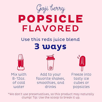KOS Reds Superfood Powder for Antioxidants - USDA Certified Organic Beet Root, Goji Berries, Acai, Pomegranate, Coconut Water & Digestion Enzymes- Goji Berry Popsicle Flavor Juice Mix - 28 Servings
