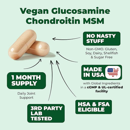 Vegan Glucosamine Chondroitin MSM - 100% Vegan Joint Support Supplement for Women & Men with Burdock and Glucosamine Sulfate 1500 mg. Used for Cartilage and Joint Health and Flexibility - 90 Capsules