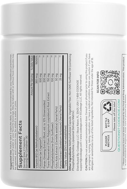 Codeage Brain Focus Vitamins+ Nootropic Supplement with Citicoline as Cognizin, Panax Ginseng, Resveratrol, Gotu Kola, Vitamin B12 Methylcobalamin - Liposomal Delivery - Non-GMO - 60 Capsules