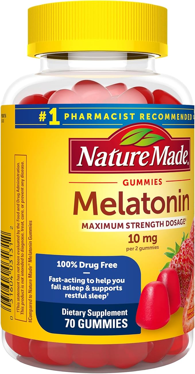 Nature Made Melatonin 10mg per serving Gummies, Maximum Strength Dosage, 100% Drug Free Sleep Aid for Adults, 70 Melatonin Gummies, 35 Day Supply