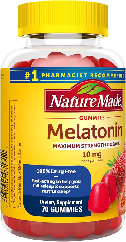 Nature Made Melatonin 10mg per serving Gummies, Maximum Strength Dosage, 100% Drug Free Sleep Aid for Adults, 70 Melatonin Gummies, 35 Day Supply