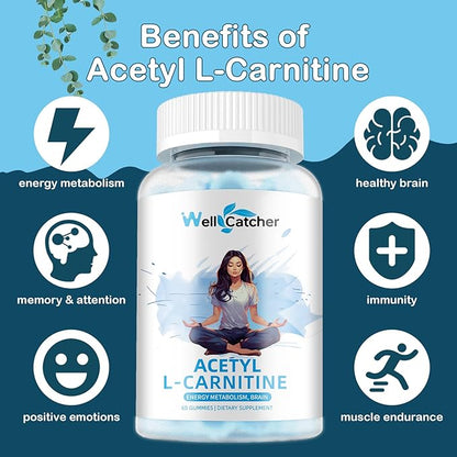 Acetyl L-Carnitine Gummies 1000 MG - Sugar Free L-Carnitine Supplement for Muscular Endurance, Brain Health, Energy Metabolism - Vegan Non-GMO - Blueberry Flavoured - 60 Counts