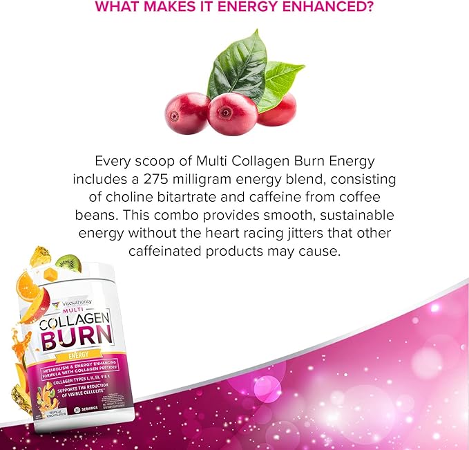 Multi Collagen Burn: Multi-Type Hydrolyzed Protein Peptides with Hyaluronic Acid, Vitamin C, SOD B Dimpless, Types I, II, III, V and X Collagen, with Caffeine