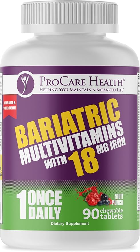 Procare Health Bariatric chewable Multivitamin with Iron 18mg (90 Tablets) - Fruit Punch Flavor Bariatric Multivitamin Chewable Pills for Gastric Bypass & Sleeve Gastrectomy Patients* (3 Month Supply)
