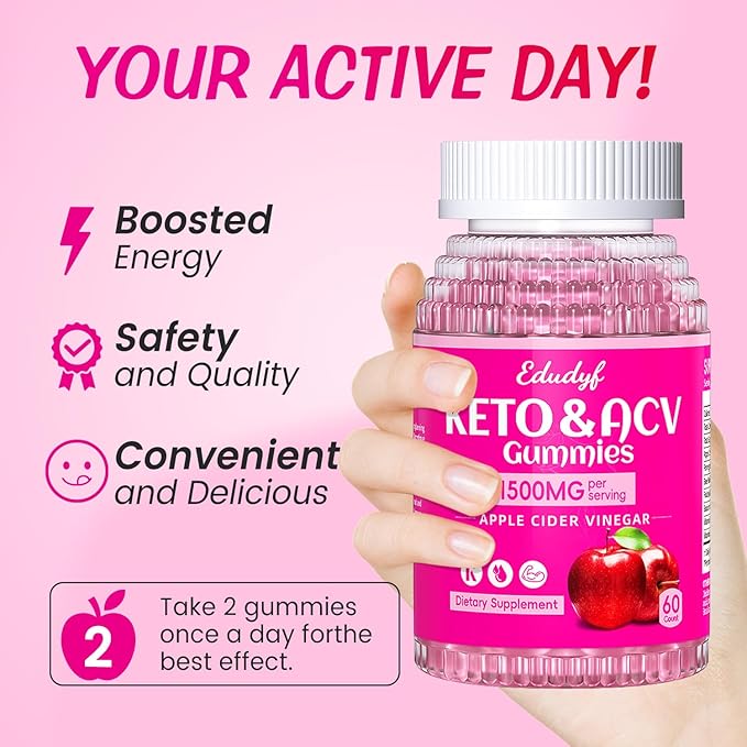 Keto ACV Gummies - Sugar-Free Apple Cider Vinegar Gummies Keto-Friendly, Vegan, Non-GMO, Gluten-Free Apple Flavor Formula for Men & Women 60 Count