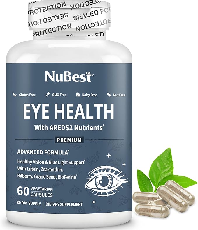 NuBest AREDS 2 Eye Vitamins Eye Health with Beta Carotene Carrot Powder, 20mg Lutein, 4mg Zeaxanthin, Bilberry, Grape Seed, BioPerine, B-Complex, Multivitamin for Eye Health - 60 Vegan Capsules