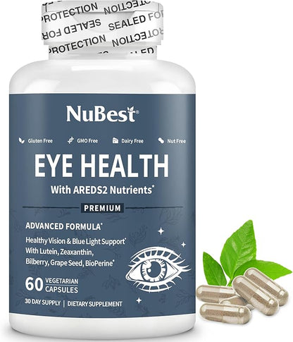 NuBest AREDS 2 Eye Vitamins Eye Health with Beta Carotene Carrot Powder, 20mg Lutein, 4mg Zeaxanthin, Bilberry, Grape Seed, BioPerine, B-Complex, Multivitamin for Eye Health - 120 Vegan Capsules