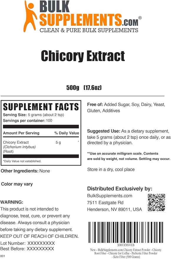 BulkSupplements.com Chicory Extract Powder - Chicory Root Supplement, Chicory Root Powder - Fiber Supplement, Gluten Free, 5g per Serving, 500g (1.1 lbs) (Pack of 1)