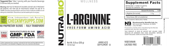 NutraBio L-Arginine Supplement, 750mg – Nitric Oxide Precursor, Supports Blood Flow, Vascular Health, and Muscle Growth, 250g