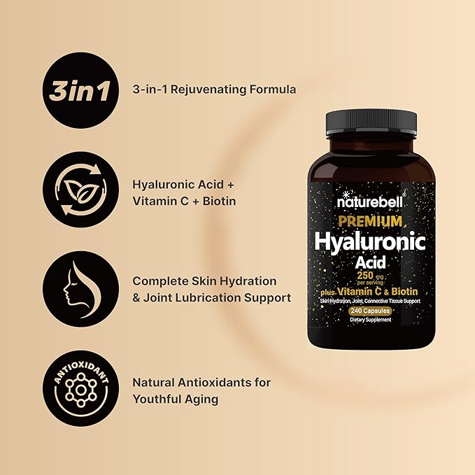 NatureBell Hyaluronic Acid Supplements 250mg | 240 Capsules, with Biotin 5000mcg & Vitamin C 25mg, 3 in 1 Support - Skin Hydration, Joint Lubrication, Hair and Eye Health