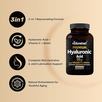 NatureBell Hyaluronic Acid Supplements 250mg | 240 Capsules, with Biotin 5000mcg & Vitamin C 25mg, 3 in 1 Support - Skin Hydration, Joint Lubrication, Hair and Eye Health