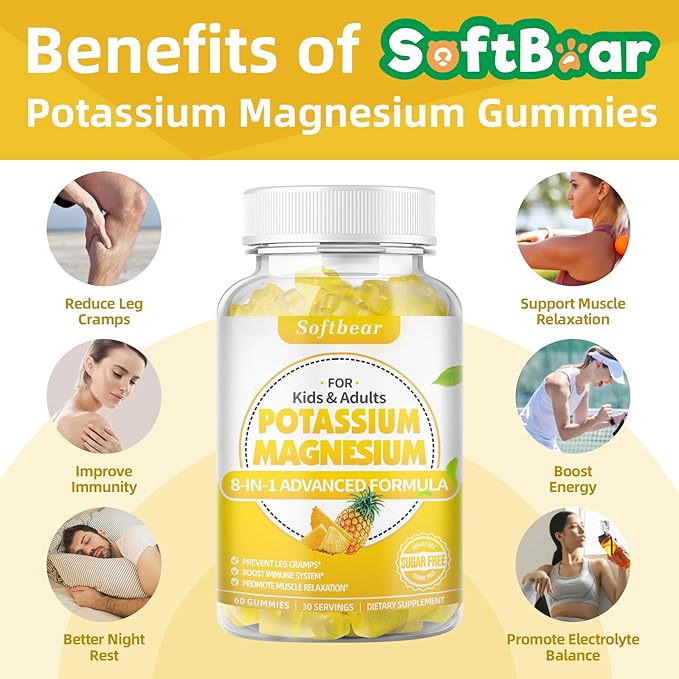 softbear Potassium Gummies for Adults, Sugar-Free Potassium Magnesium Supplement with Vitamin B6 CoQ10 for Muscle Cramps Vegan Pineapple Flavor 120 Gummies